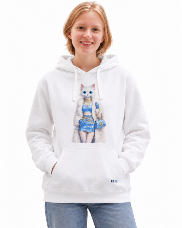 Sudadera Blanca con Capucha para Mujer – Gatita Glamour Azul | Empire by Halina®