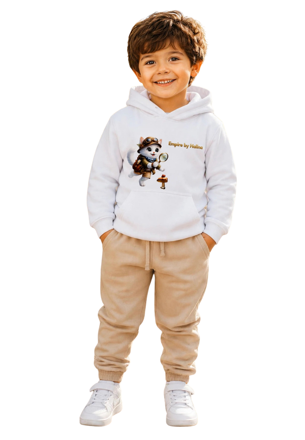 Sudadera con Capucha para Niño de Gatito Explorador – Hoodie Blanco Infantil Empire by Halina – Talla 3-4 Años – Regalo Original
