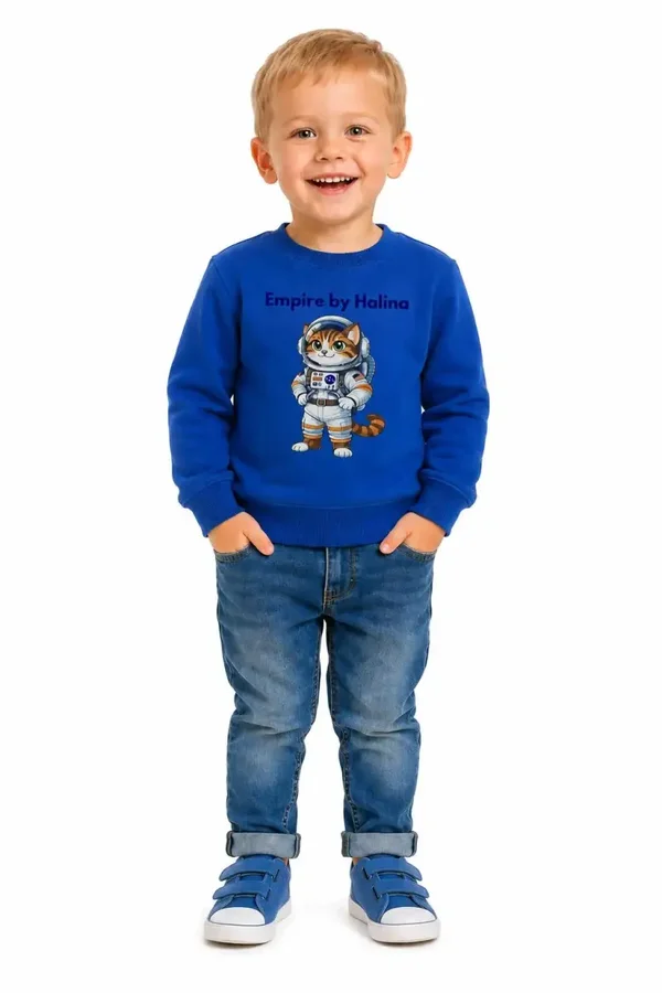 Sudadera para Niño de Gatito Astronauta – Cuello Redondo Azul – Regalo Original de Moda Infantil