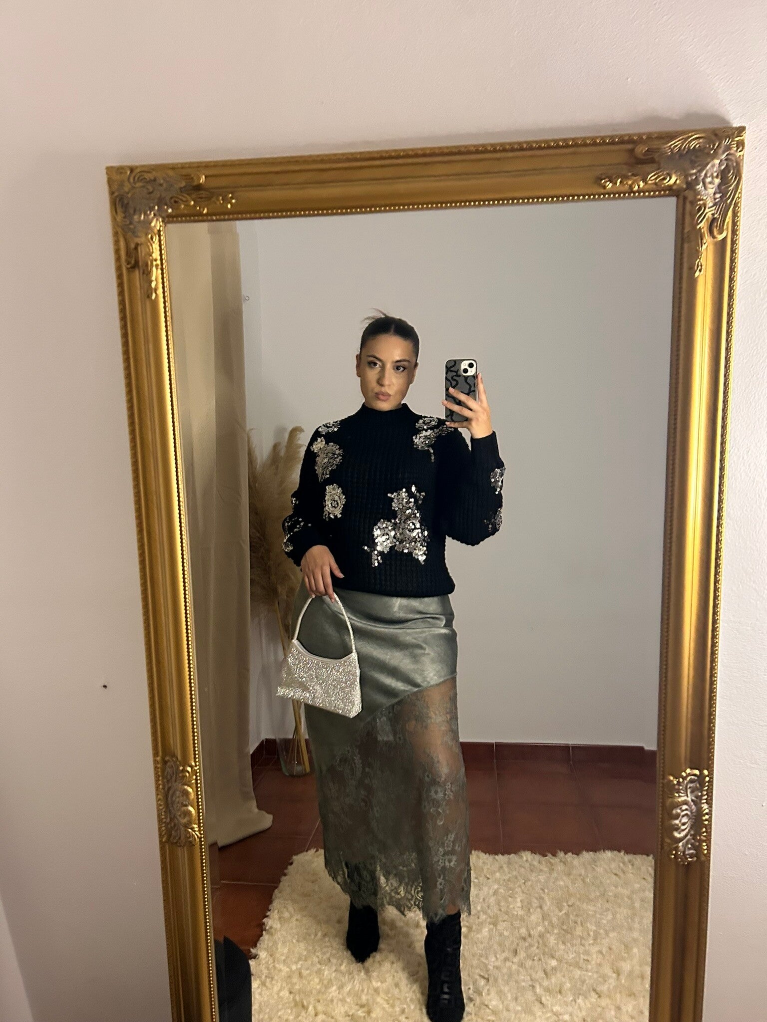 FALDA SATÉN ENCAJE VERDE AGUA