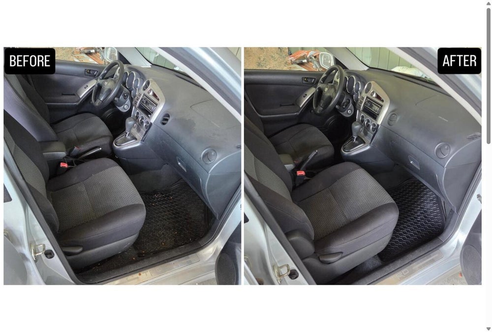 Same SUV, front cabin, before and after an interior detail