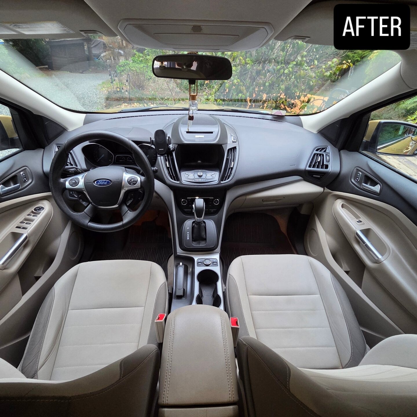 Ford SUV front cabin after an interior detail in a Comox Valley driveway