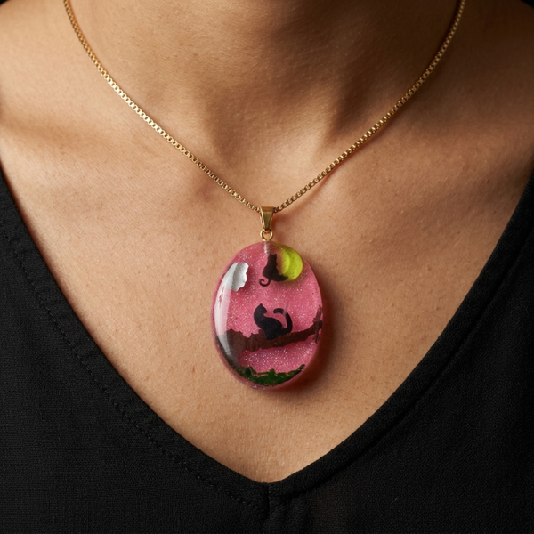 Pink Cat Pendant Uv Resin Necklace, Oval Cat Necklace With Black Cat On Branch, Pink Moon Jewelry, Teen Girl Necklace,