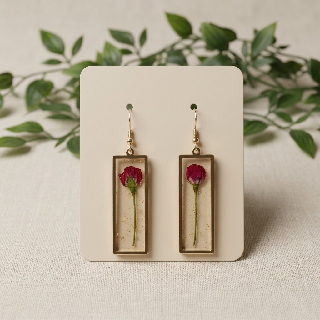 Pink Rose Earrings Gold Frame Earrings, Clear Resin, Delicate Flower Drop, Romantic Rose Gift, Handmade Gift Her, Anniversary Gift Her
