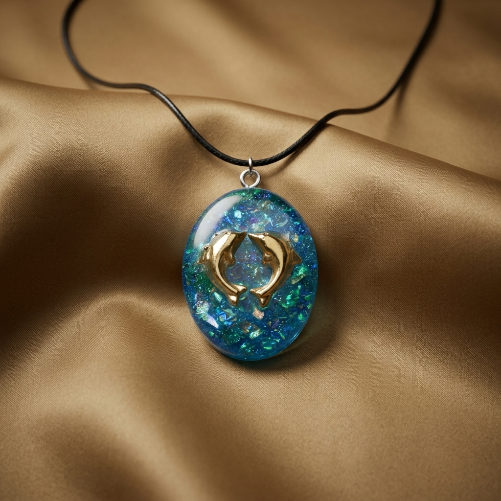 Resin Oval Dolphin Necklace Pendant, Teal Blue UV Resin, Australian Hand Made Costume Jewelry on Adjustable Cord Braided or Stainless Chain