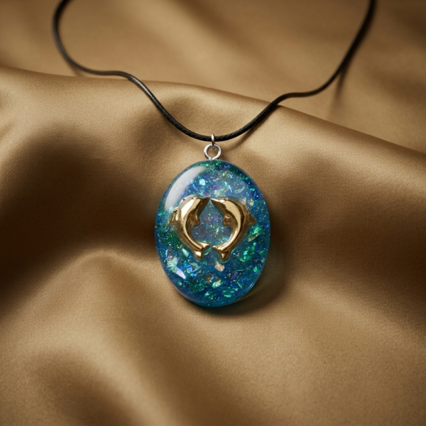 Resin Oval Dolphin Necklace Pendant, Teal Blue UV Resin, Australian Hand Made Costume Jewelry on Adjustable Cord Braided or Stainless Chain