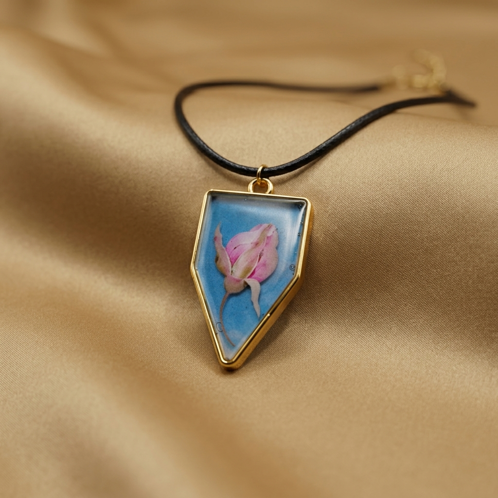 Handmade UV Resin Shield Pendant With Blue Enamel, Pink Flower, Gold Bezel, Black Cord Necklace