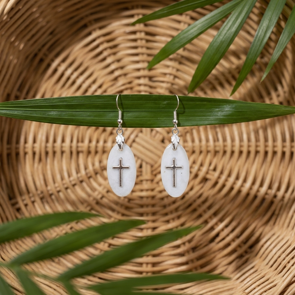 Handmade resin cross earrings with oval translucent pendant on silver hooks,