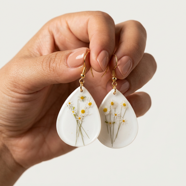Uv Resin Earrings Teardrop Flower Drop, White Blue Earrings, Floral Resin Drops, Pastel Blue Jewelry, Glass Look Earrings, Romantic Earrings
