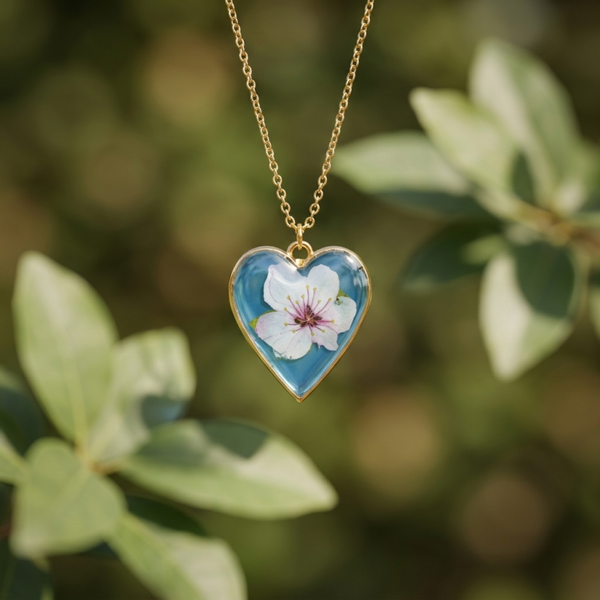Handmade UV Resin Heart Necklace with Real Flower, Leather Cord or Gold Chain,