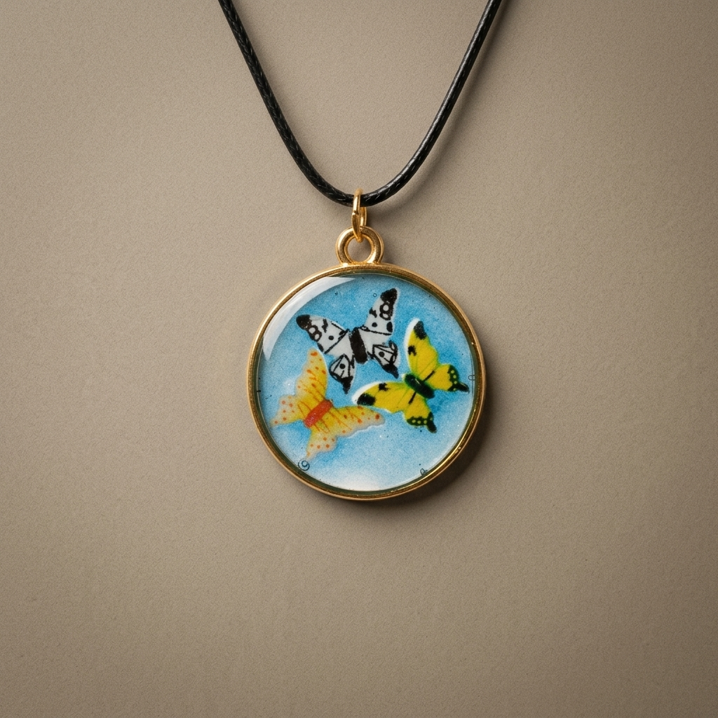Gold-Framed Butterfly Pendant Necklace, Blue Sky Resin