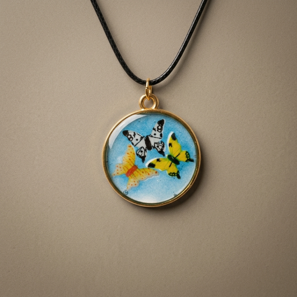 Gold-Framed Butterfly Pendant Necklace, Blue Sky Resin