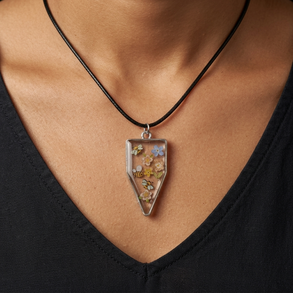 Floral Bee Pendant, UV Resin Shield, Pressed Flower, Black Cord