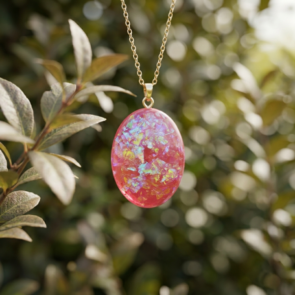 Pink Resin Necklace, Oval Resin Pendant With Gold Foil Pendant Detail, Boho Chic Necklace, UV Resin Jewelry, Gift For Teen Girl, Girlfriend