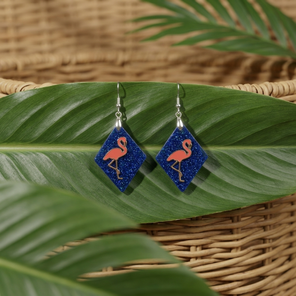 Flamingo Earrings, Pink Flamingo Art Diamond Drop, UV Resin, Silver Hook
