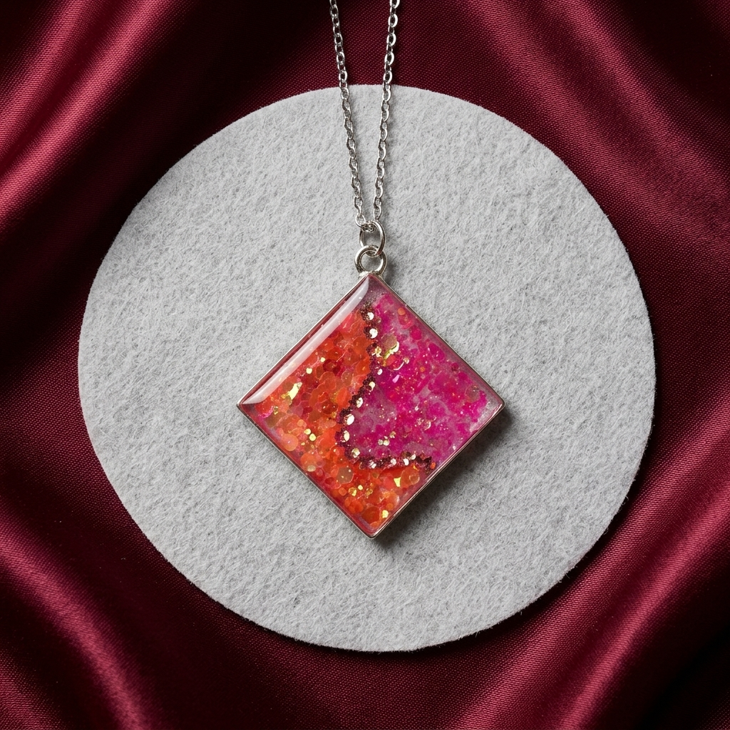 Uv Resin Necklace, Pink Orange Square Pendant, Glitter Charm