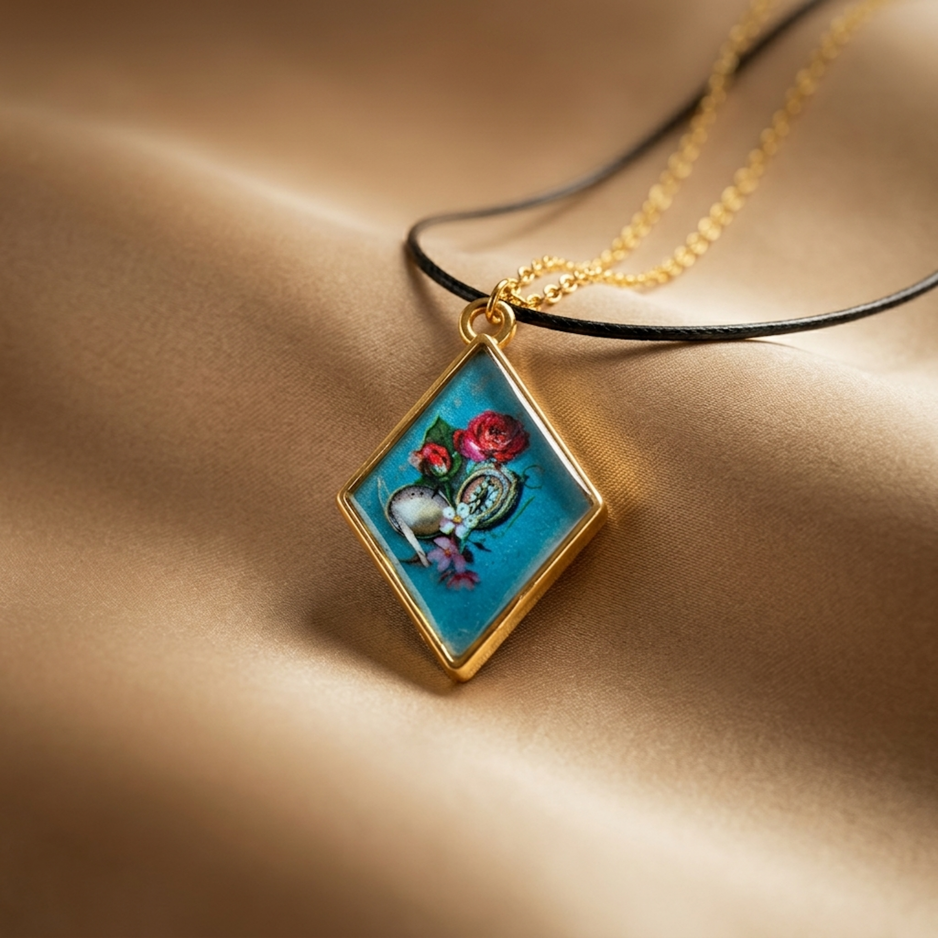 Diamond-Shaped Gold Pendant With Blue Enamel Roses & White Heart, Black Cord Necklace or Gold Chain, Romantic Vintage Anniversary Gift