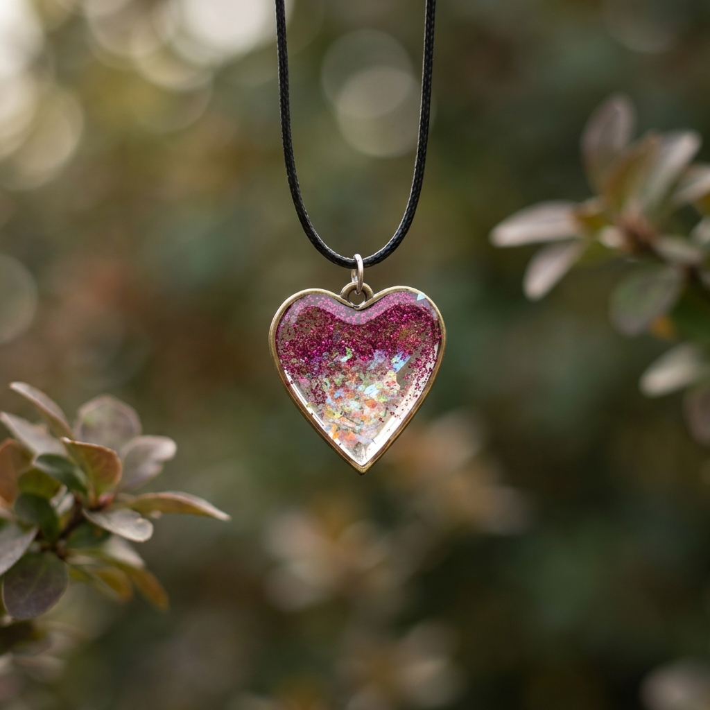 Pink Orange Necklace Uv Resin Pendant, Glitter Resin Charm Heart, Pink Glitter Jewelry, Everyday Sparkle Gift For Her, Festival Jewelry