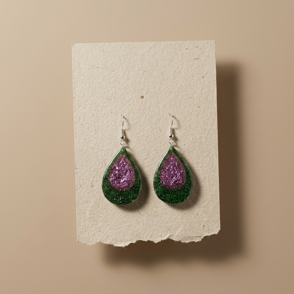 Teardrop glitter earrings with green outer layer and magenta center on silver ear wires, sparkly dangle jewelry gift for her