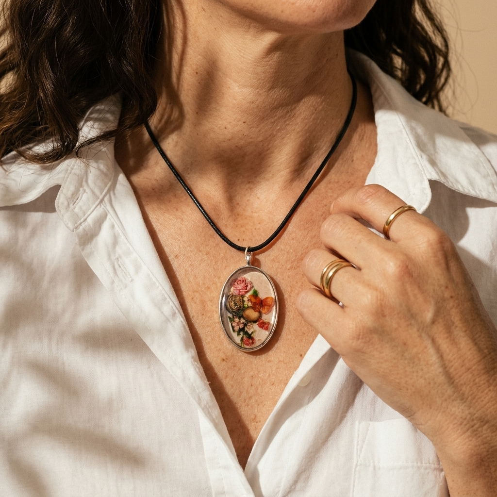 Oval Resin Floral Art Pendant Necklace, Silver Bezel, Black Cord, Handmade Jewelry