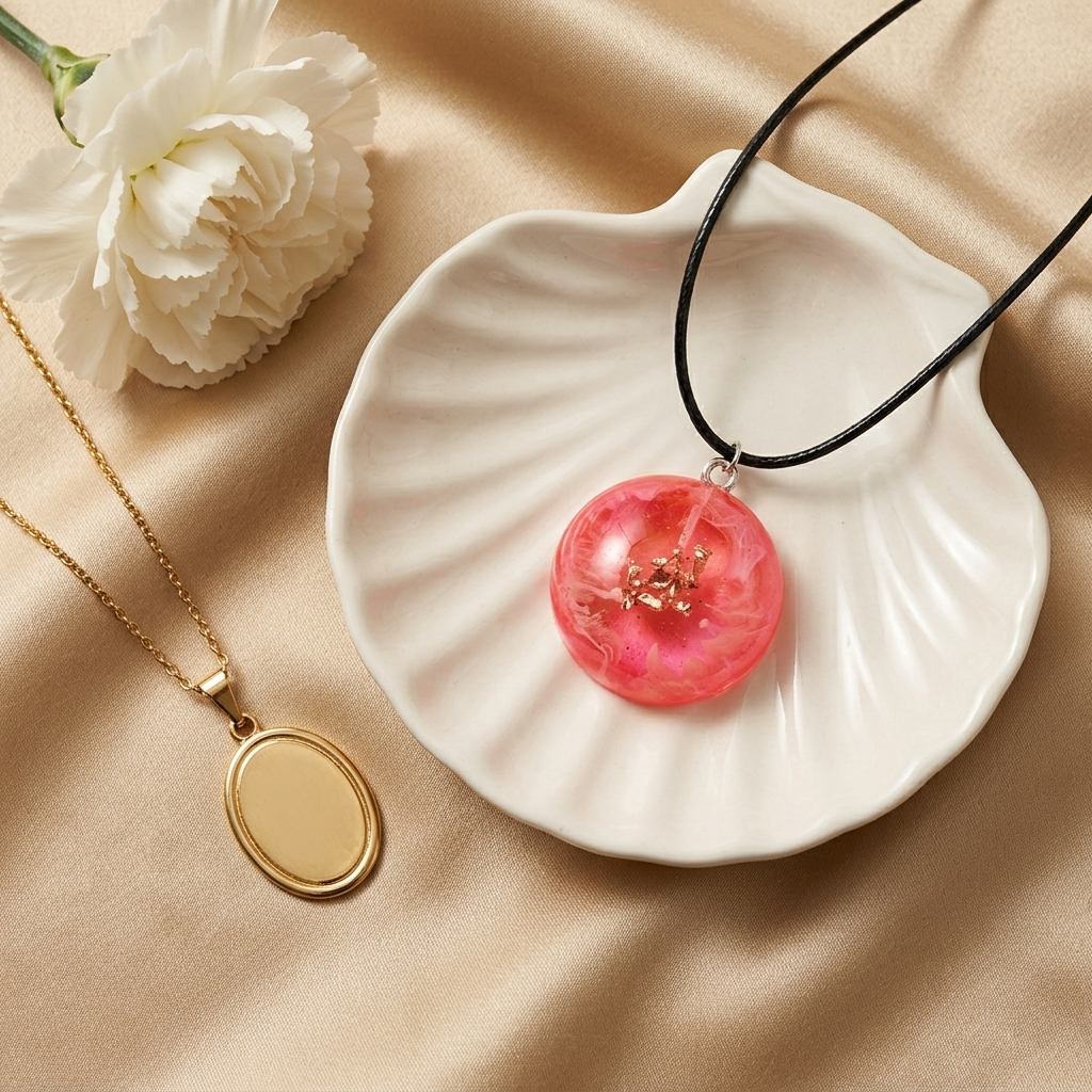 Pink Resin Necklace, UV Resin Pendant With Glossy Pink Pendant, Round Resin Pendant, Pink Abstract Art Ink Art Jewelry Gift For Teen Girl