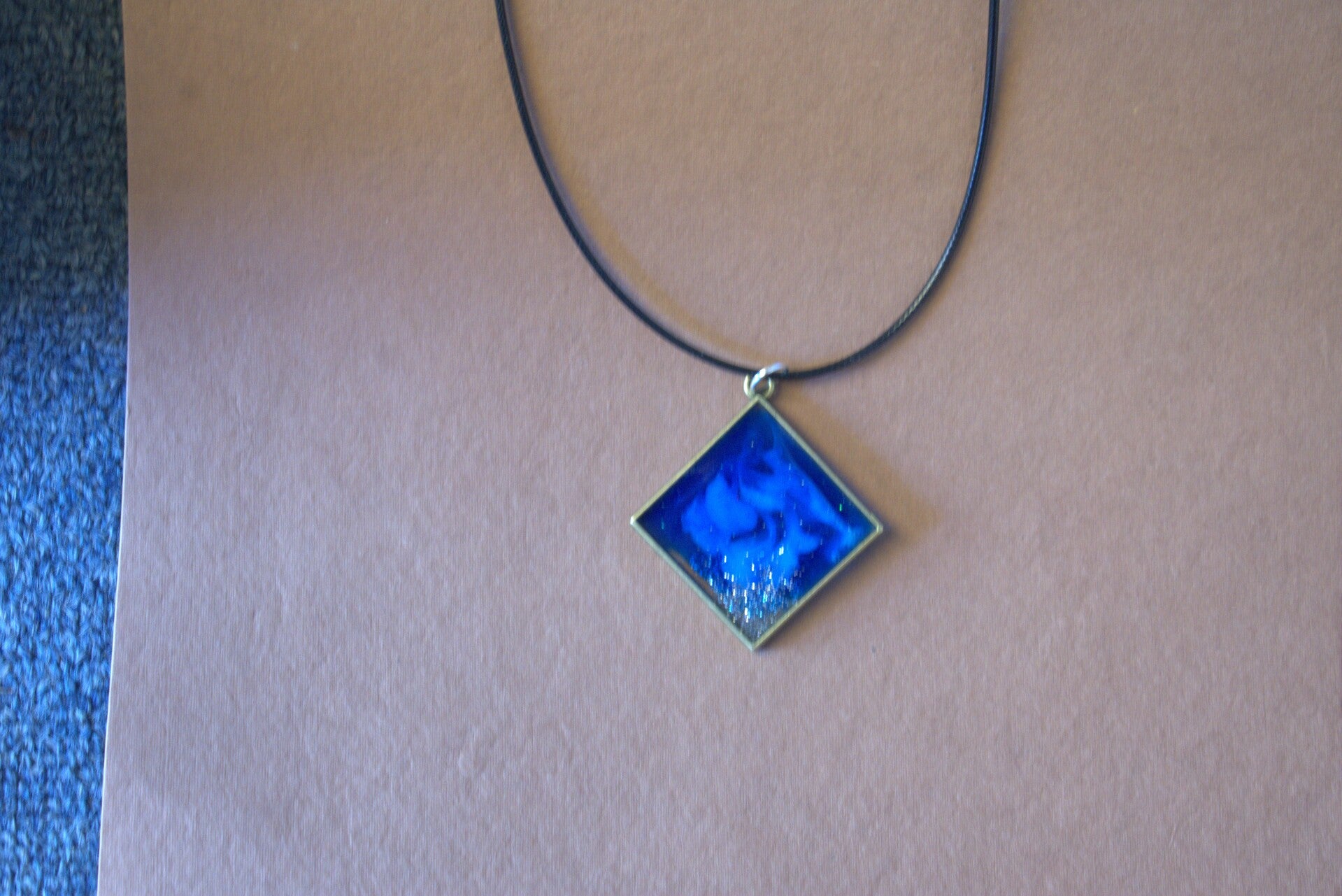 Blue Resin Necklace, UV resin pendant, silver bezel, black cord or stainless steel chain