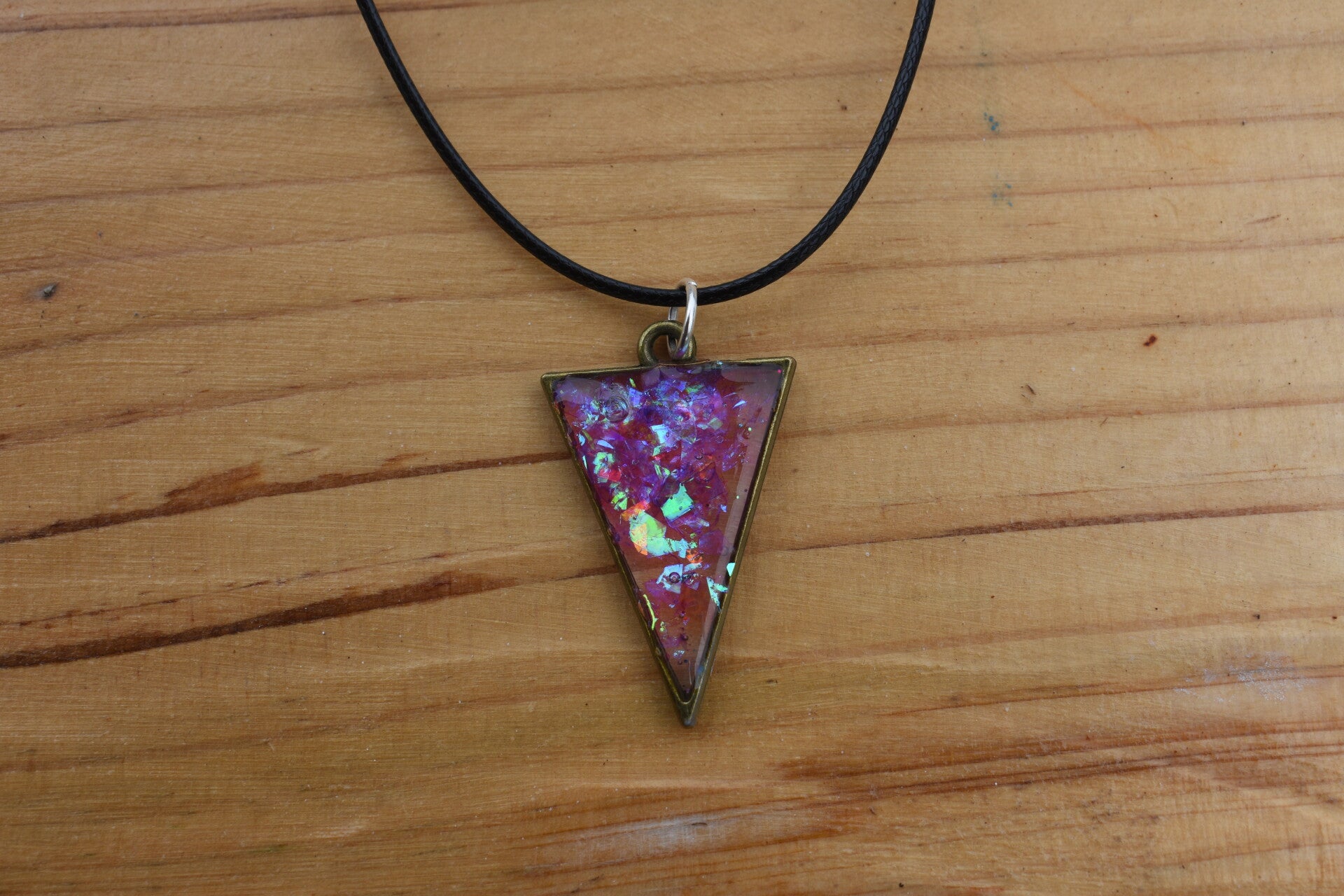 Handmade UV Resin Triangle Pendant Necklace, Rainbow Ink, Black Braided Cord