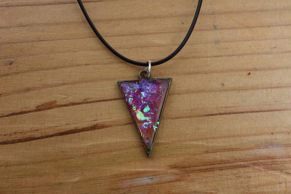Handmade UV Resin Triangle Pendant Necklace, Rainbow Ink, Black Braided Cord