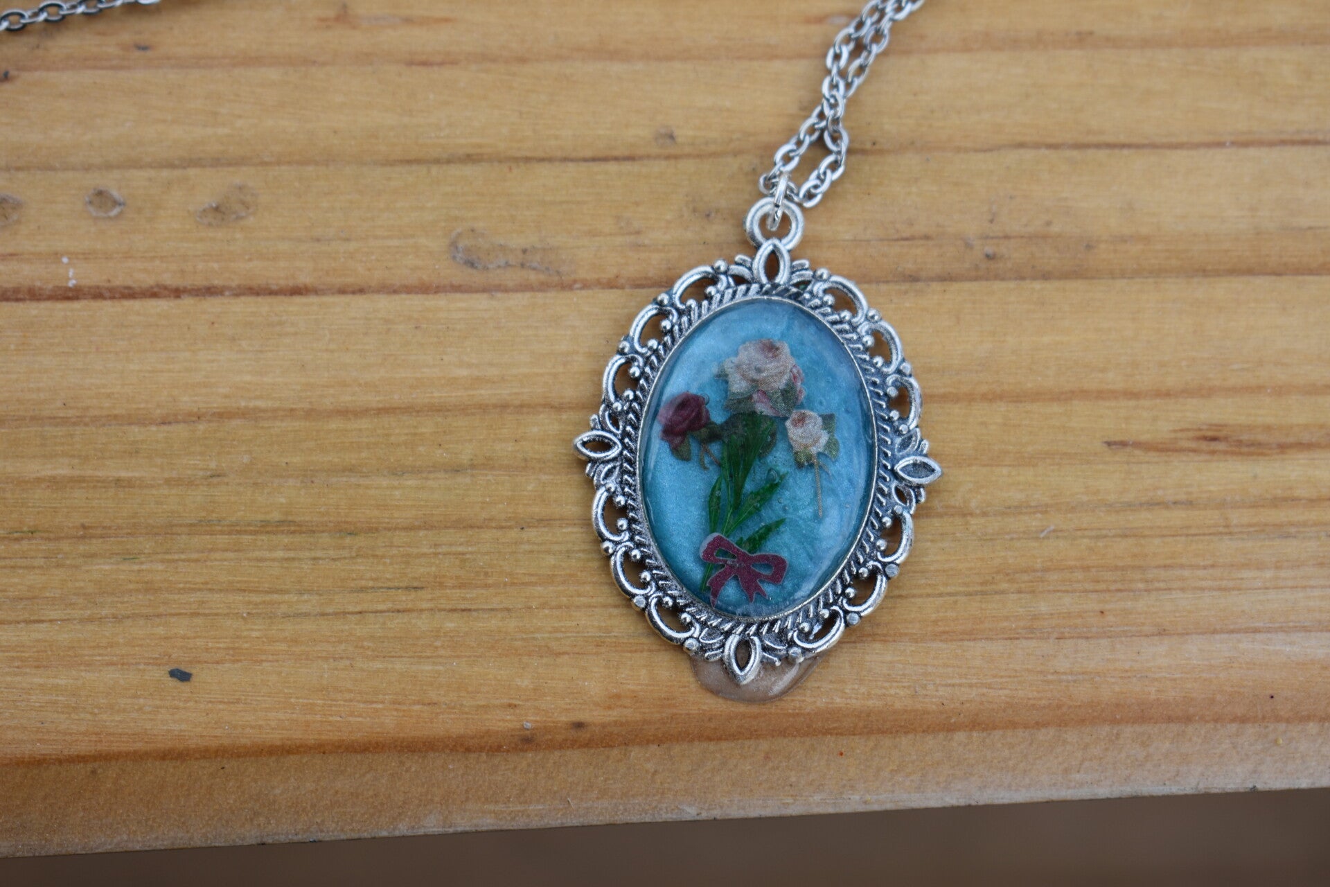 Oval Resin Pendant, Blue Green Resin Art, Silver Bezel, Black Cord or chain