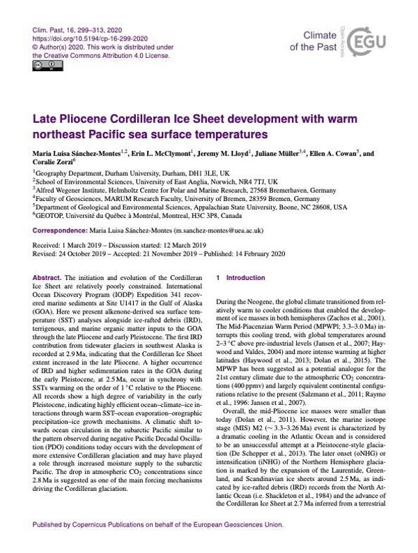 Late Pliocene Cordilleran Ice Sheet development with warm northeast Pacific sea surface temperatures