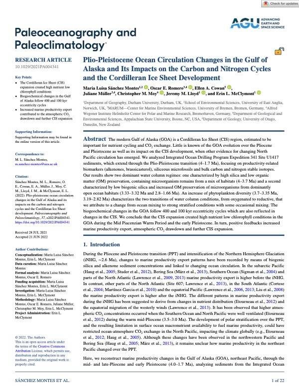 Plio-Pleistocene Ocean Circulation Changes in the Gulf of Alaska and Its Impacts on the Carbon and Nitrogen Cycles and the Cordilleran Ice Sheet Development