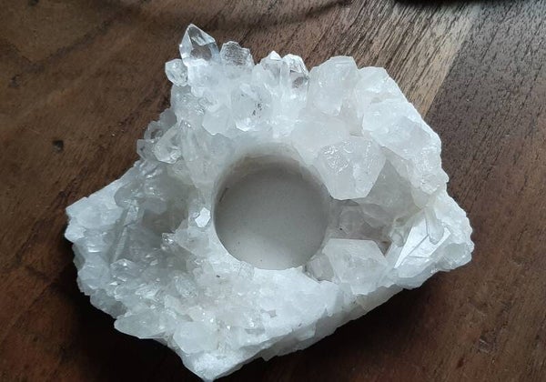 Bergkristal theelicht houder, kristalcluster
