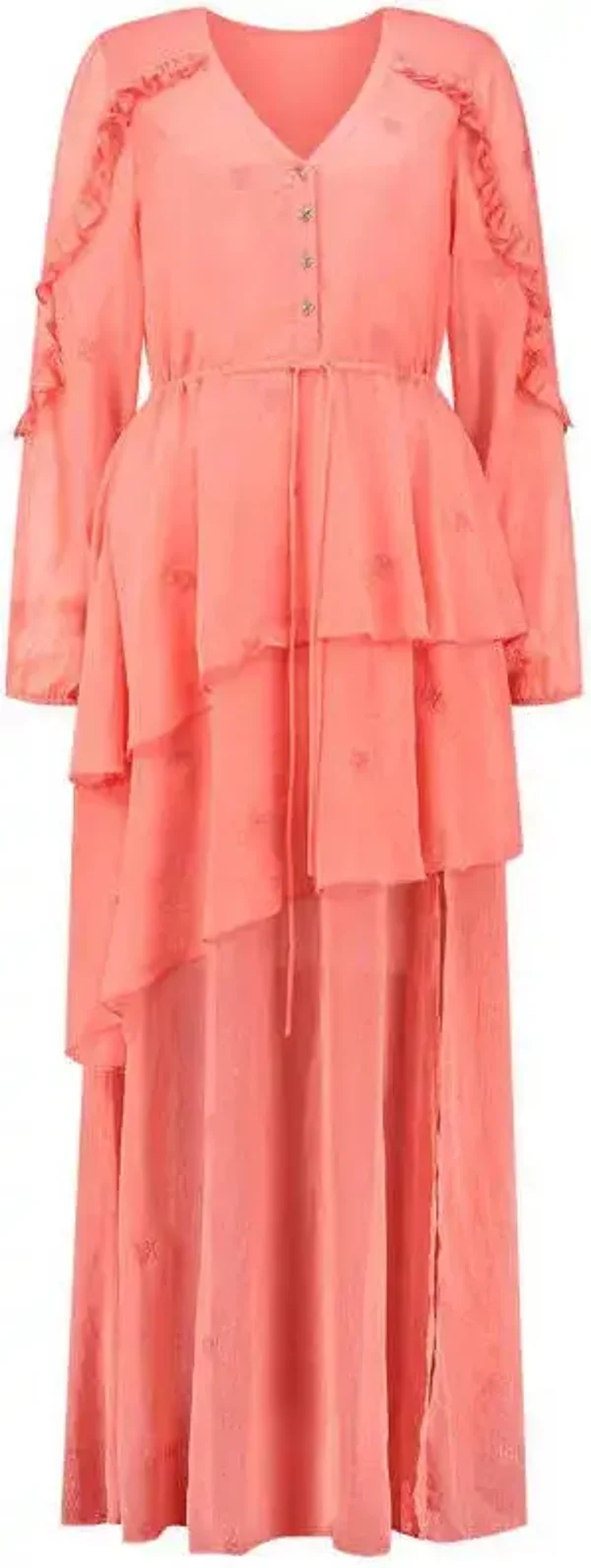 NIKKIE maxi jurk Samantha met ruches koraalrood