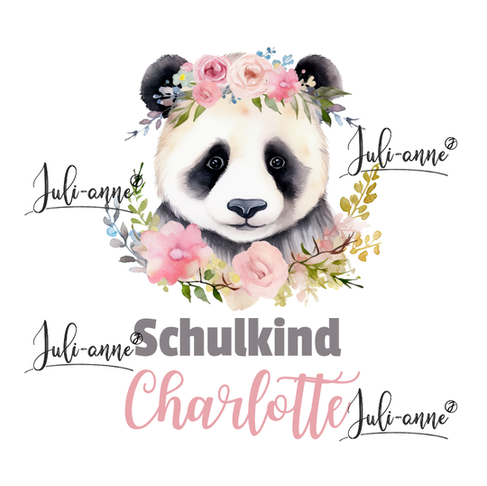 Bügelbild Schulkind PANDA BLUMENKOPF personalisiert Name