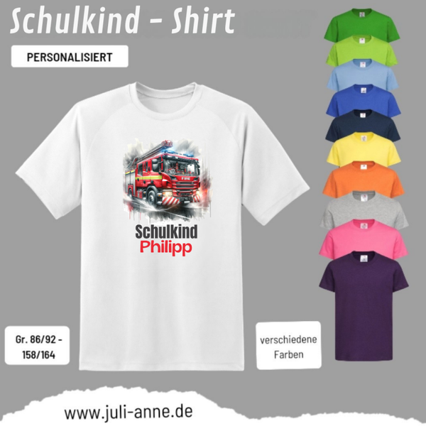 Kinder Basic-Shirt SCHULKIND personalisiert Zahl Name FEUERWEHR