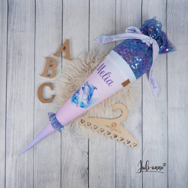 Schultüte Delfin mit Metallic Blümchen Tüll 70cm / 85cm / Geschwister