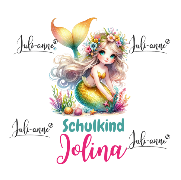 Bügelbild Schulkind MERMAID CUTIE 10 gelb grün Name