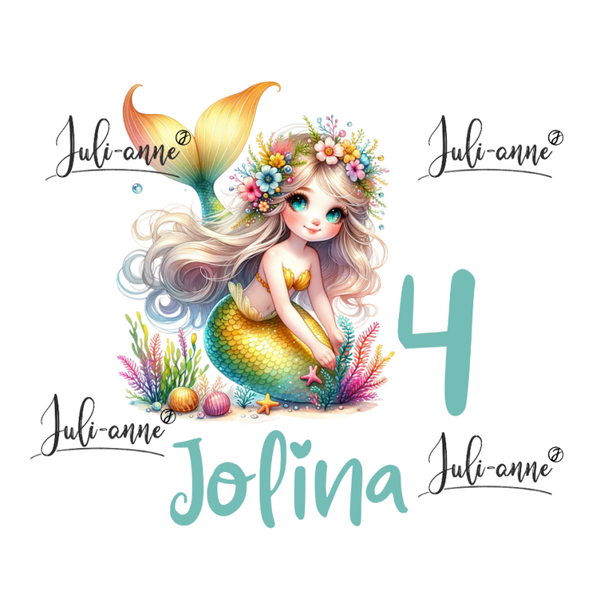 Bügelbild Geburtstag MERMAID CUTIE 10 gelb grün ZAHL & NAME