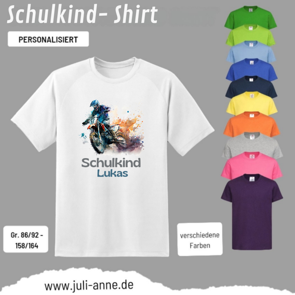 Kinder Basic-Shirt SCHULKIND personalisiert Zahl Name MOTOCROSS BLAU