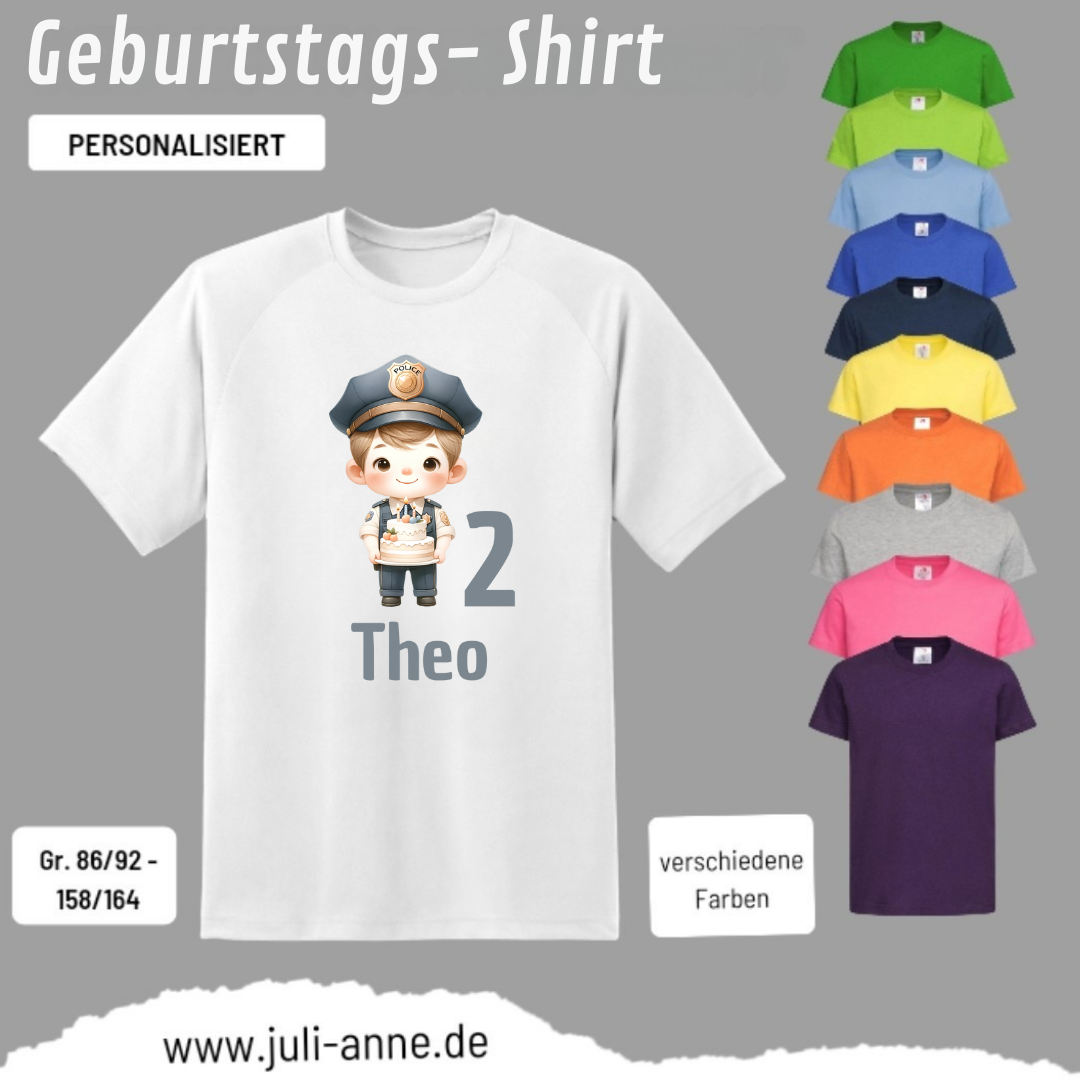 Kinder Basic-Shirt GEBURTSTAG personalisiert Zahl & Name POLIZEI JUNGE Kuchen