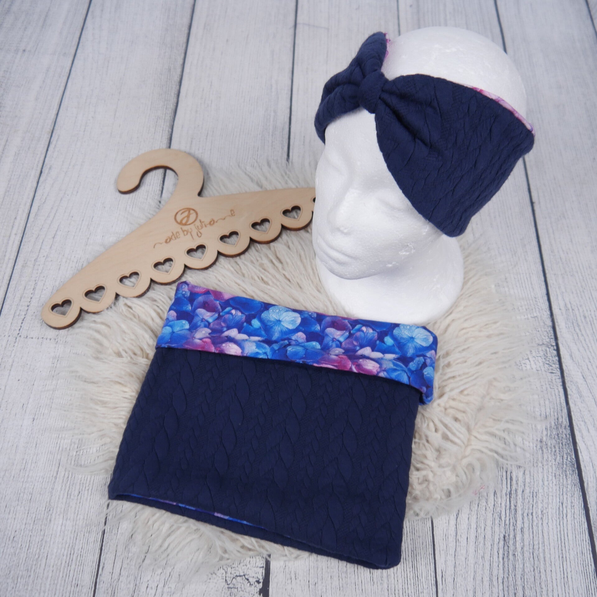 KU 54-57 Set: Knoten-Stirnband & Schlupfschal Zopfstrick Dunkelblau