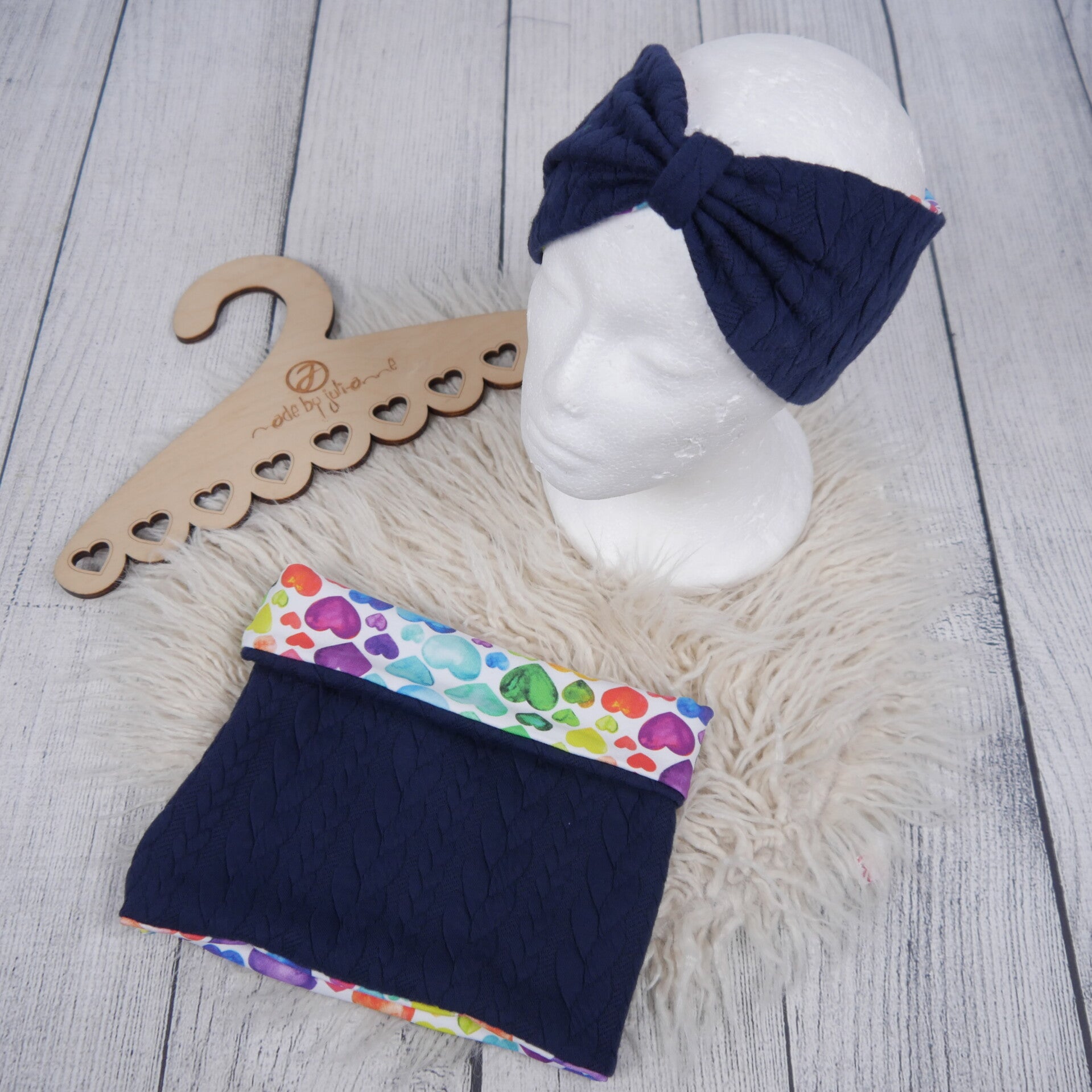 KU 48-52 Set: Knoten-Stirnband & Schlupfschal Zopfstrick Dunkelblau