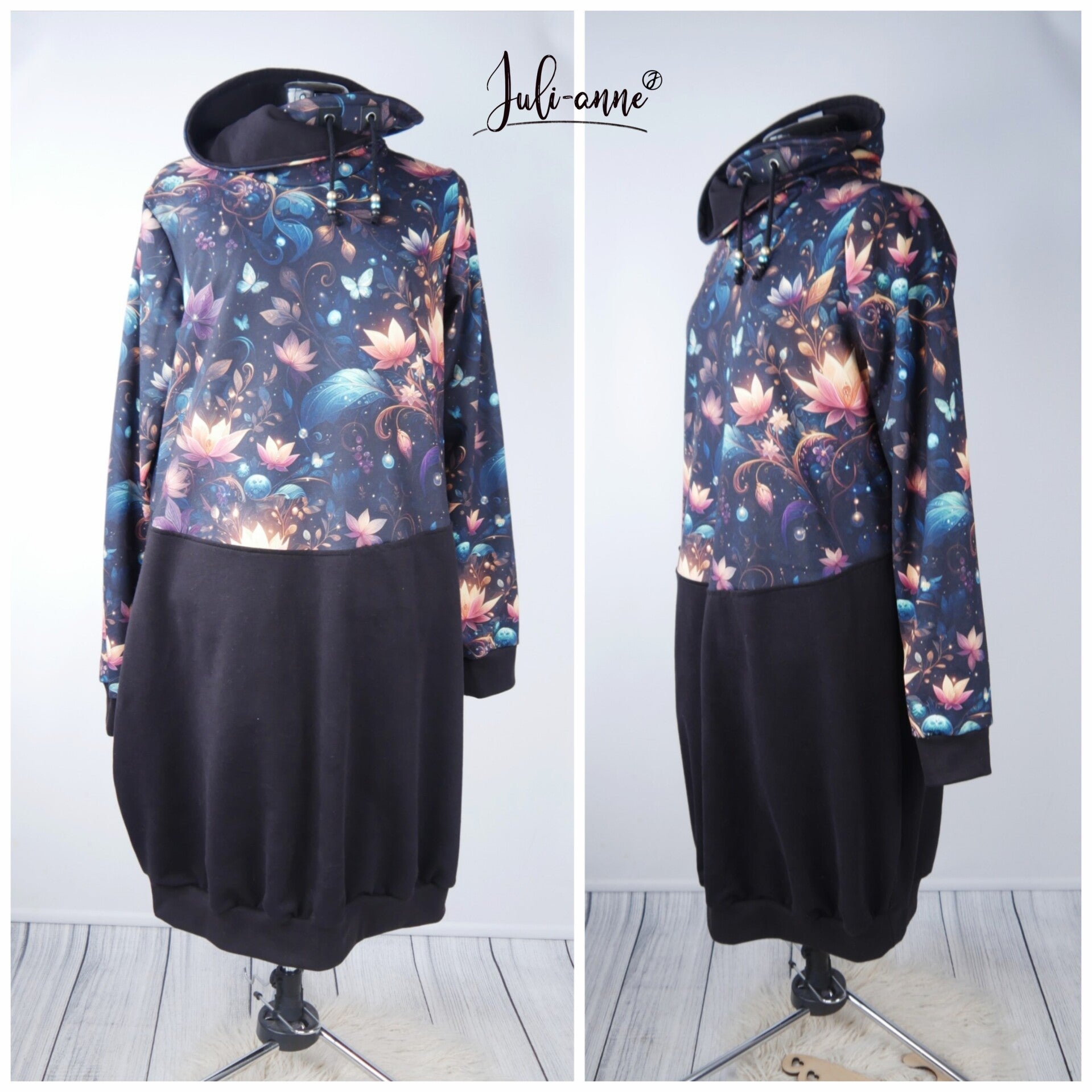 Damen Ballonkleid Butterfly & Flowers - schwarz