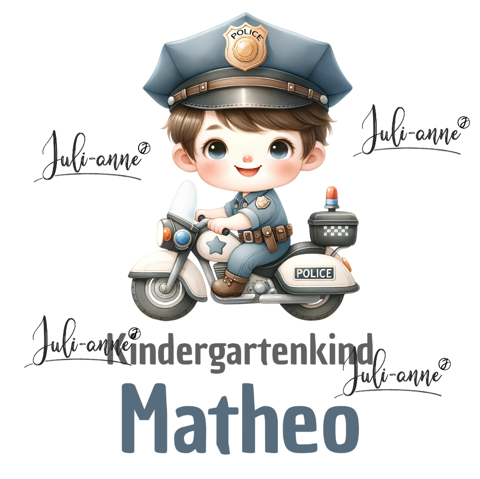 Bügelbild Kindergartenkind Polizei Junge Motorrad NAME