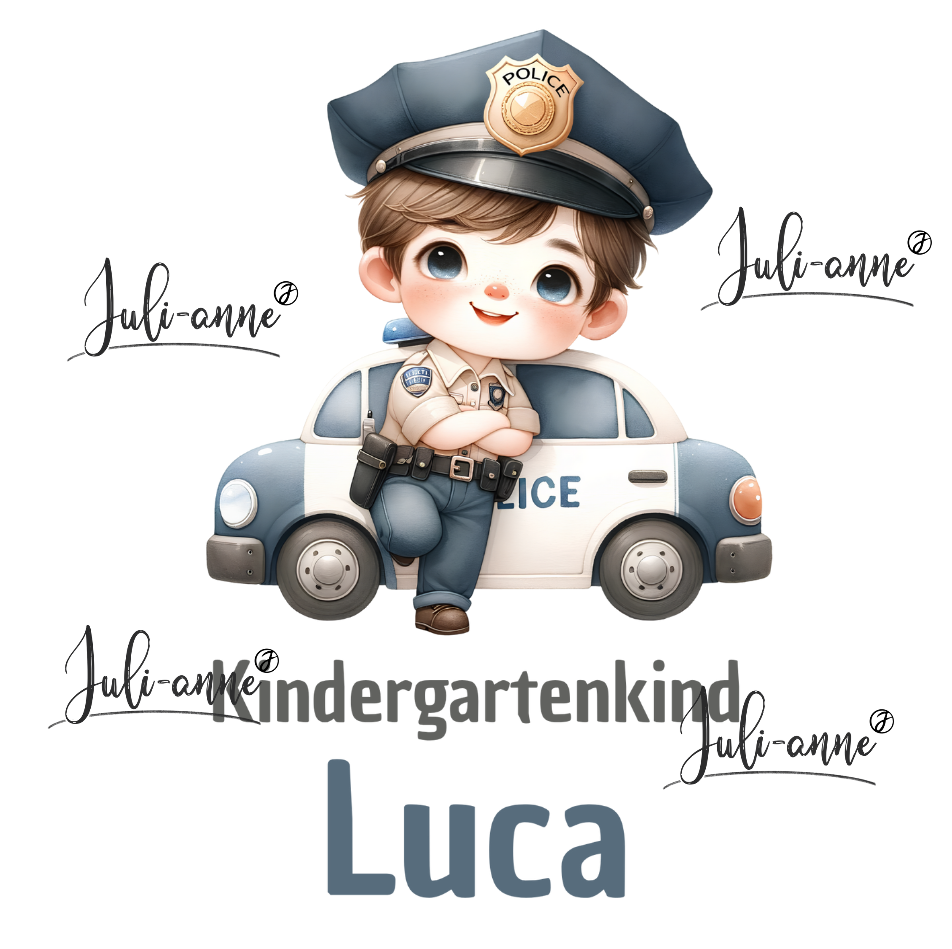 Bügelbild Kindergartenkind Polizei Junge Auto NAME