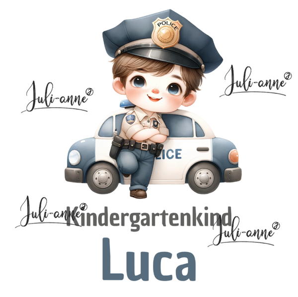 Bügelbild Kindergartenkind Polizei Junge Auto NAME