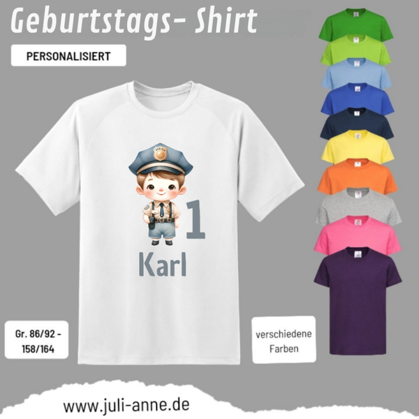 Kinder Basic-Shirt GEBURTSTAG personalisiert Zahl & Name POLIZEI JUNGE