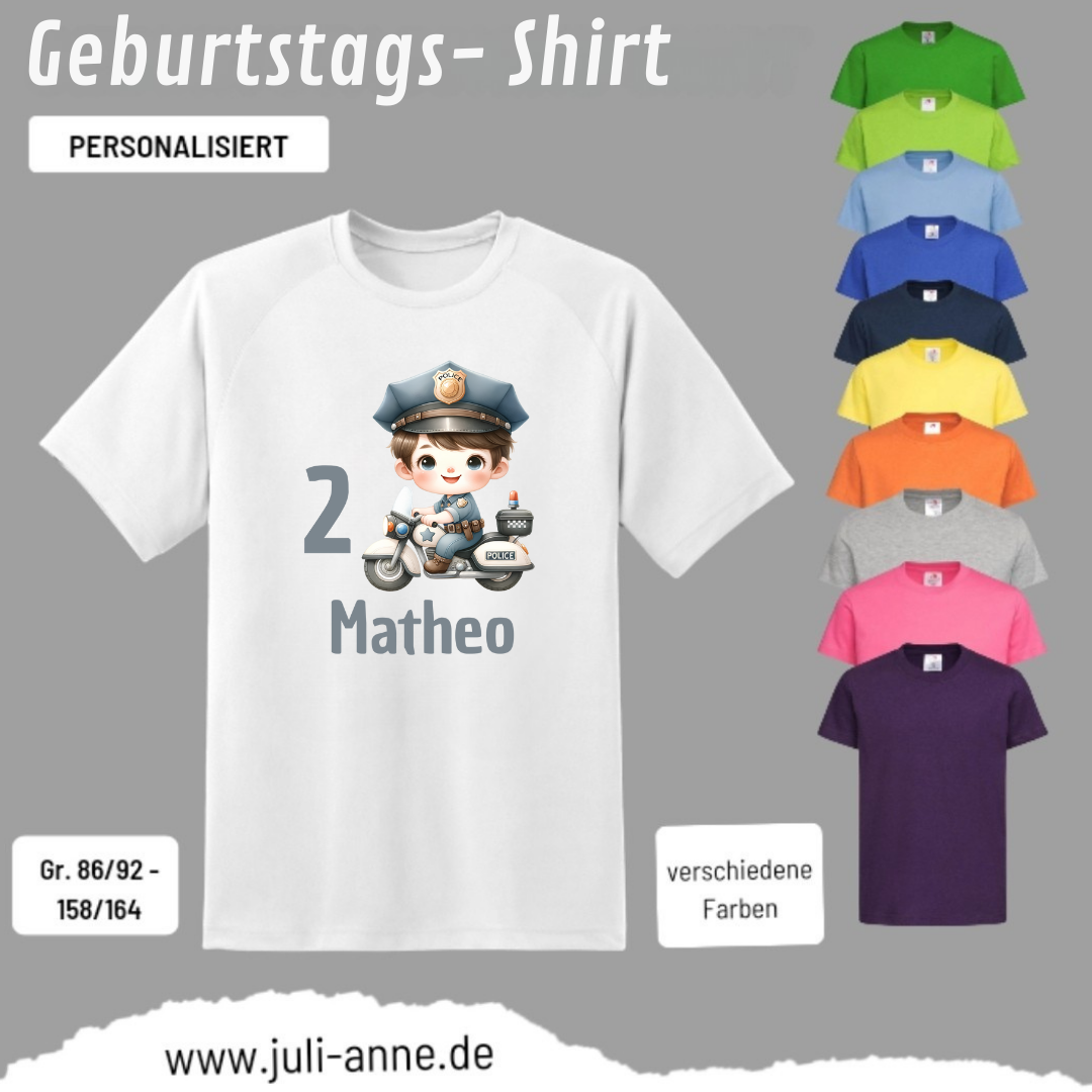 Kinder Basic-Shirt GEBURTSTAG personalisiert Zahl & Name POLIZEI Motorrad