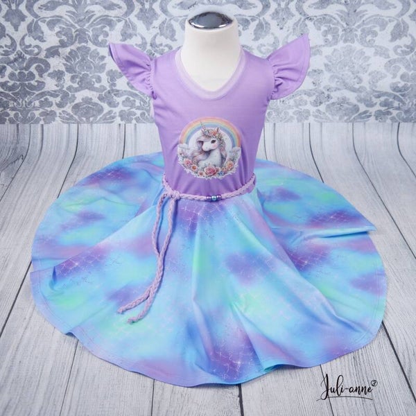 Drehkleid - Rainbow Unicorn Flieder Schuppen  - #Einschulung