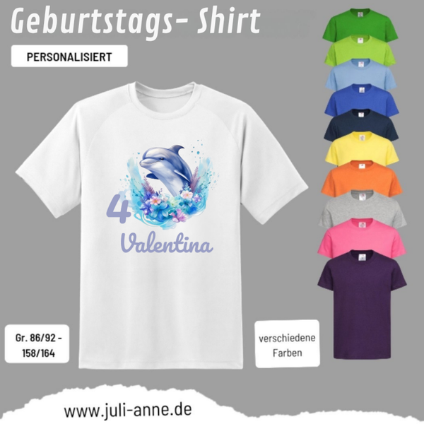 Kinder Basic-Shirt GEBURTSTAG personalisiert Zahl & Name AQUA DELFIN 1